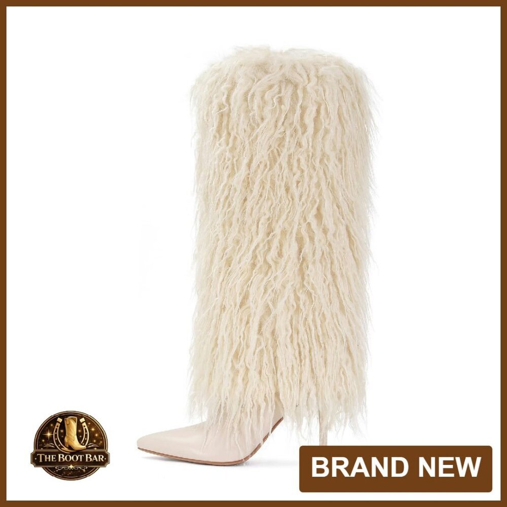 Knee High Boots Pointed Toe Stiletto Heel Faux Fur Fold Over Tall Boots